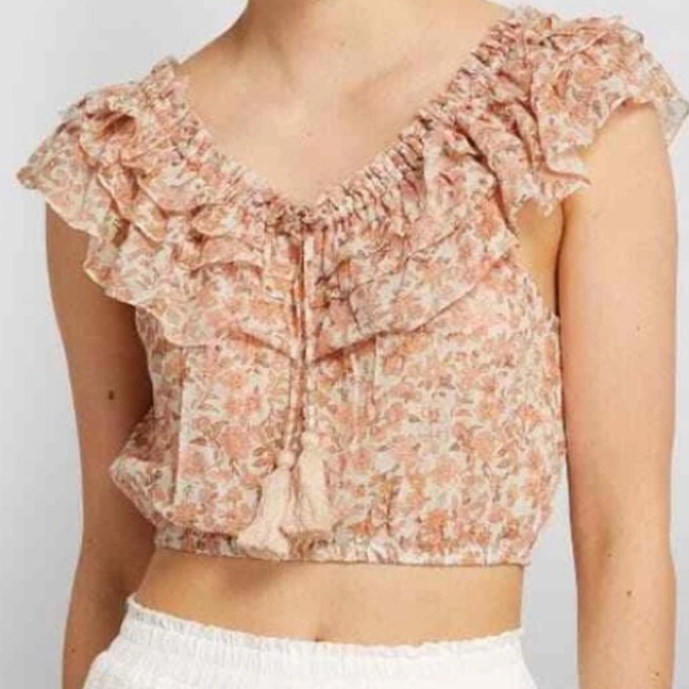 LoveShackFancy Dorin Floral Ruffle Off Shoulder Blouse Vanilla Foam Cream Peach
